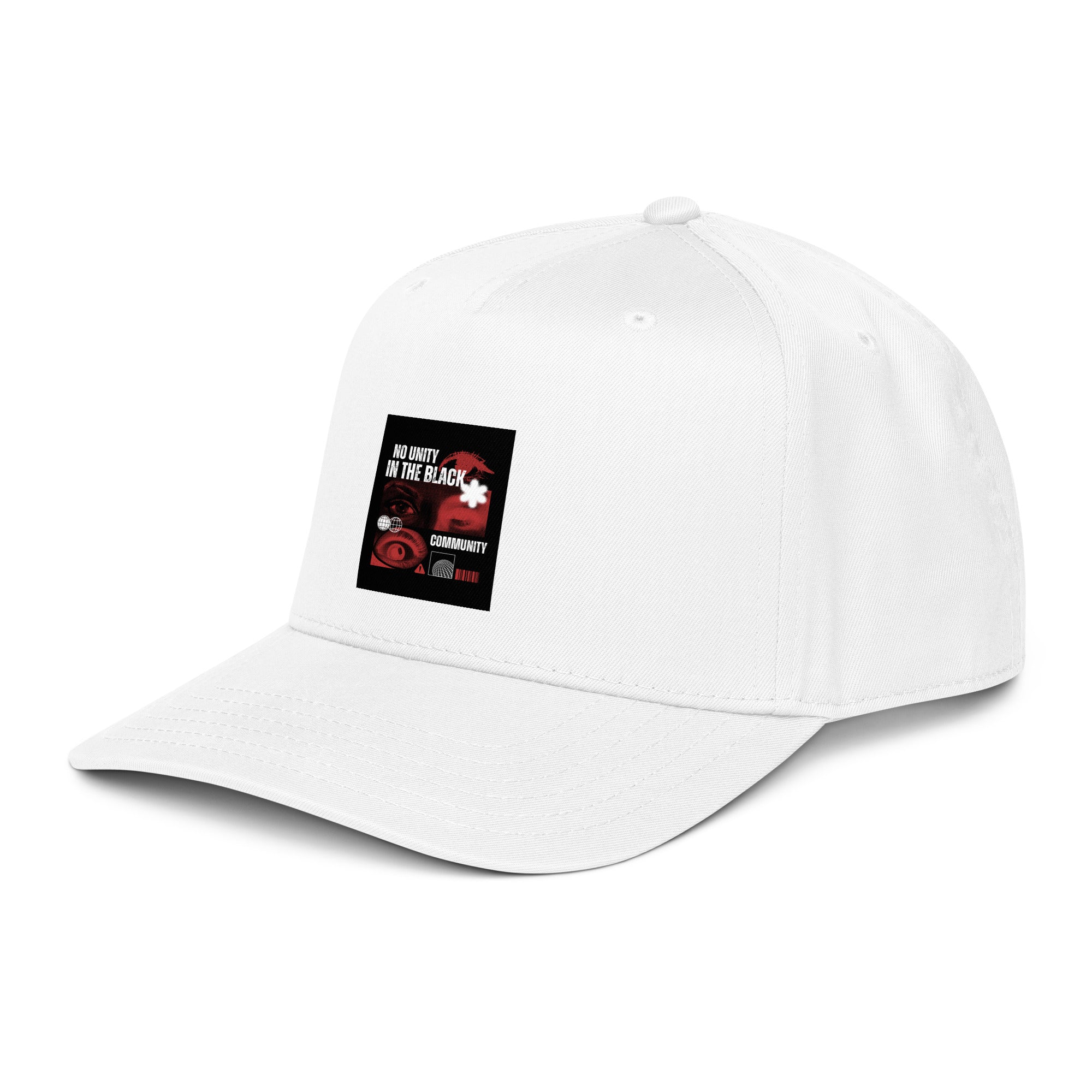 White 5-panel cap front with rectangular logo patch