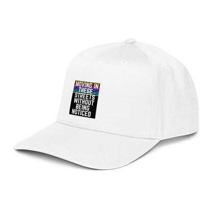 White 5-panel cap with front logo patch: “MOVING IN THESE STREETS”