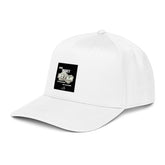 White 5-panel baseball cap with front logo patch