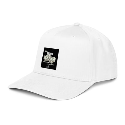 White 5-panel cap with front money graphic patch