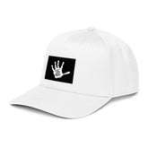 White 5-panel cap with front black logo patch and white handprint graphic