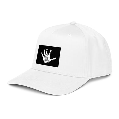 Moving In These Streets 5-panel cap in white with black logo patch