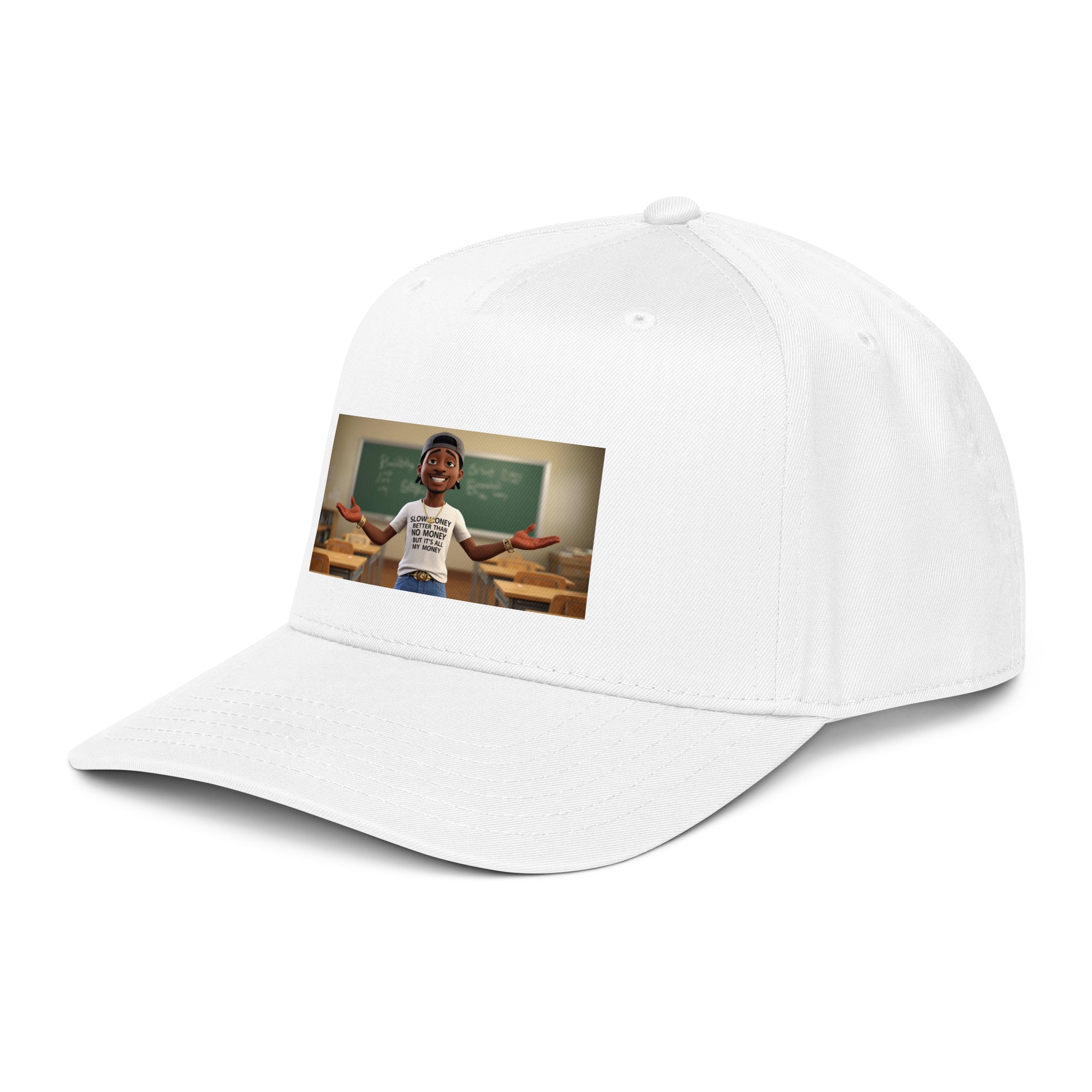 Weiße 5-Panel-Cap, Frontansicht mit aufgesetztem Motivstreifen