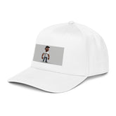 White 5-panel baseball cap with square front photo patch and curved brim