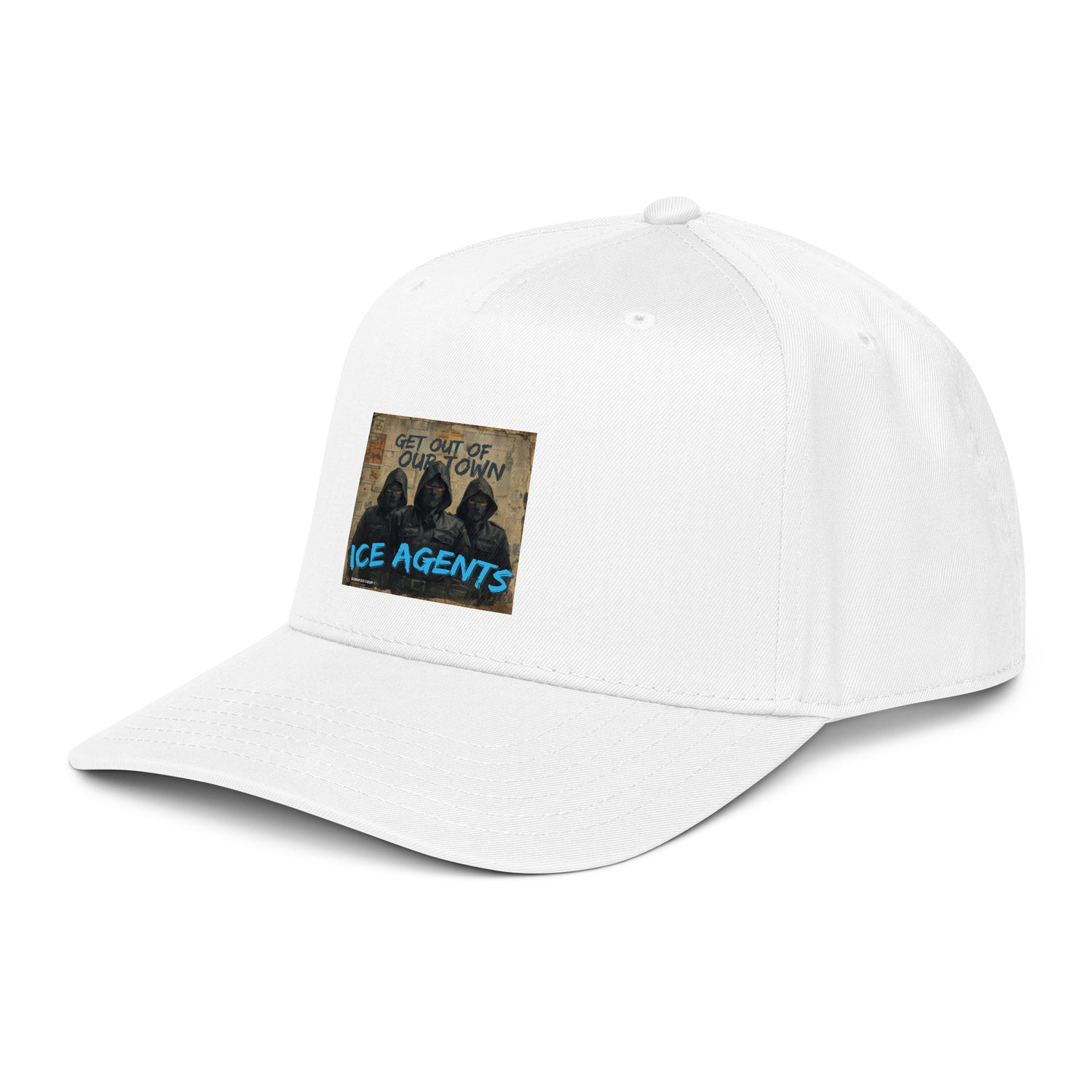 White 5-panel cap with front patch reading “ICE AGENTS”