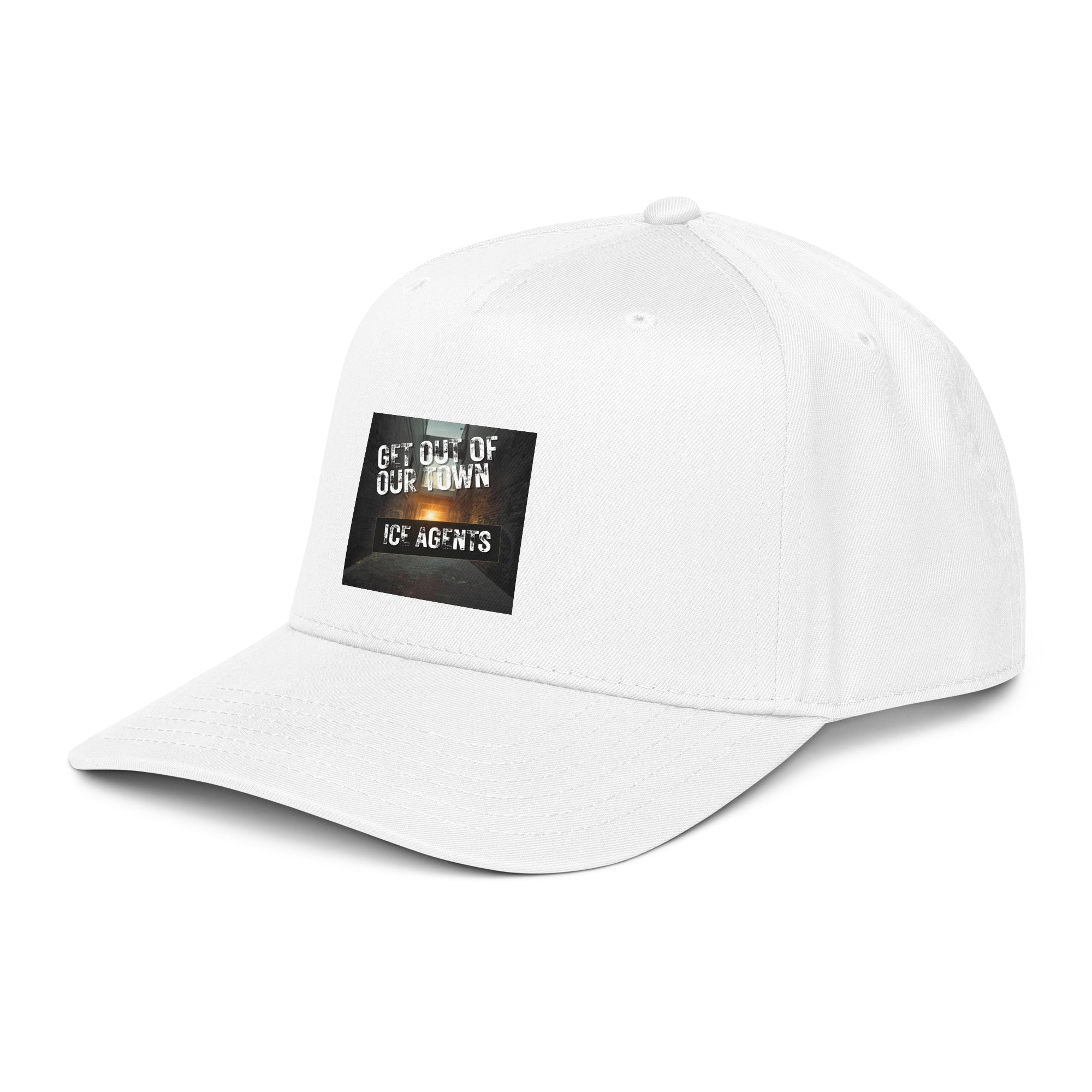 White 5-panel cap with front logo patch: Get Out of Our Town Ice Agents