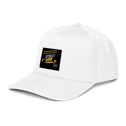 Street Life 5 Panel Cap in White with front logo patch