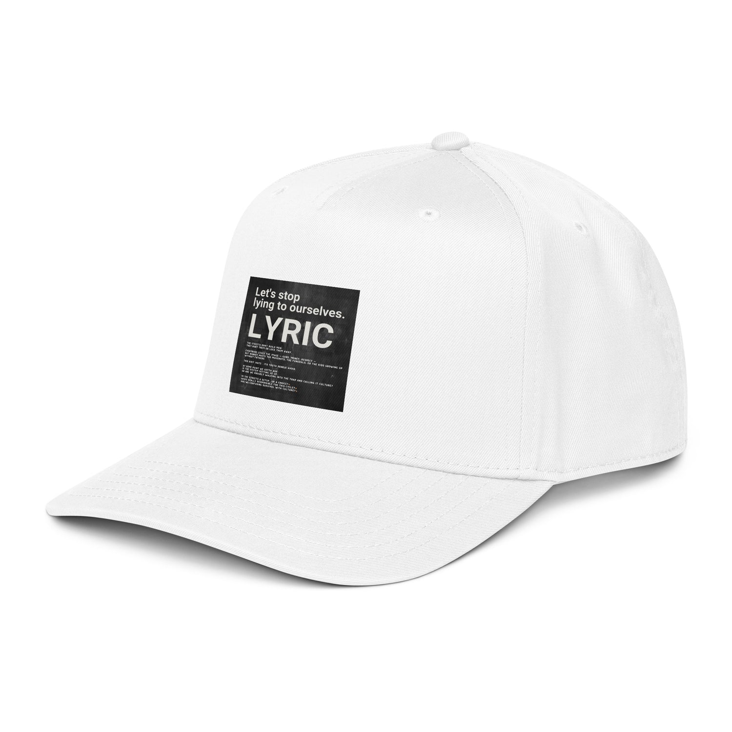 White Lets Stop Lying To Ourselves cap with front LYRIC label