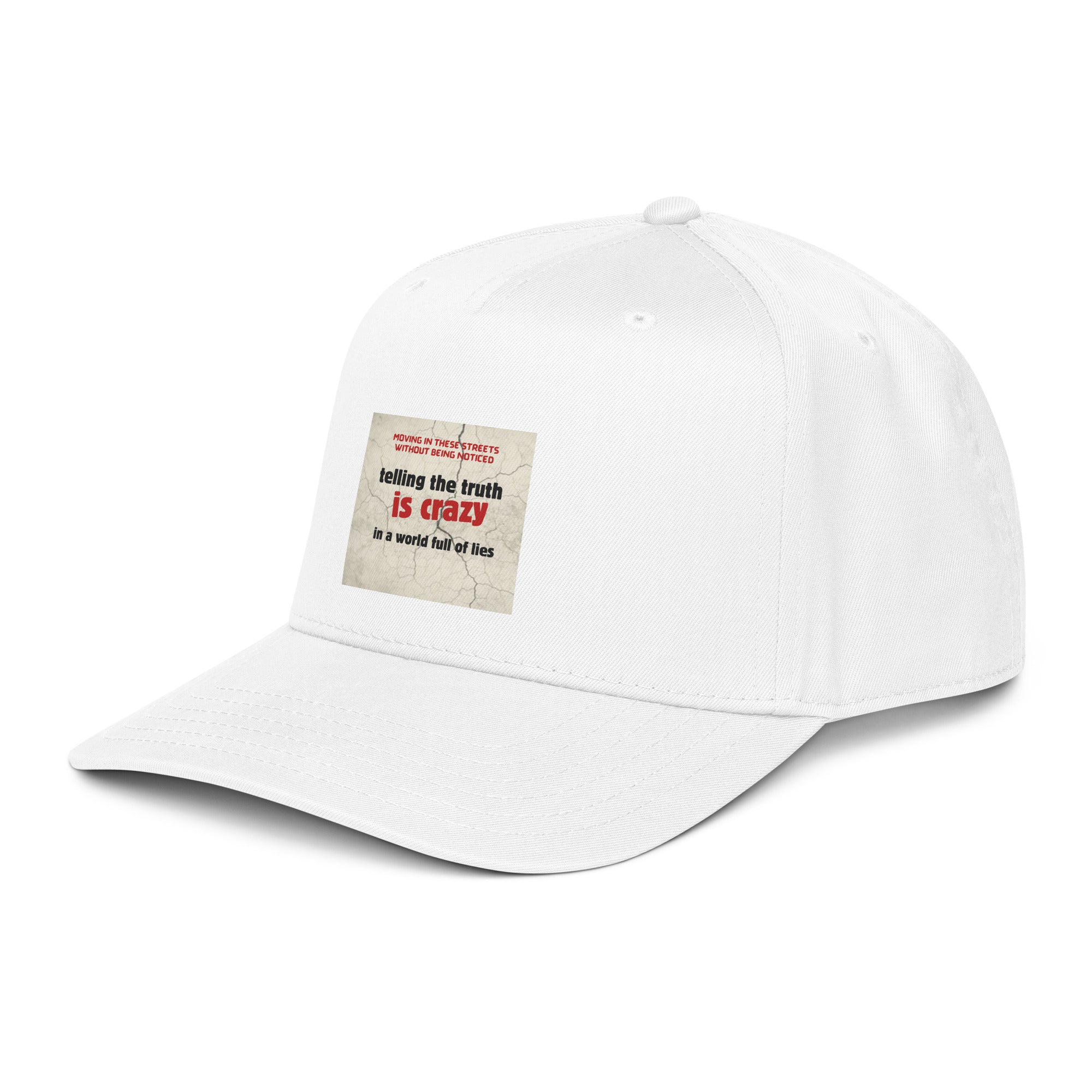 White 5-panel cap with front slogan patch and curved brim