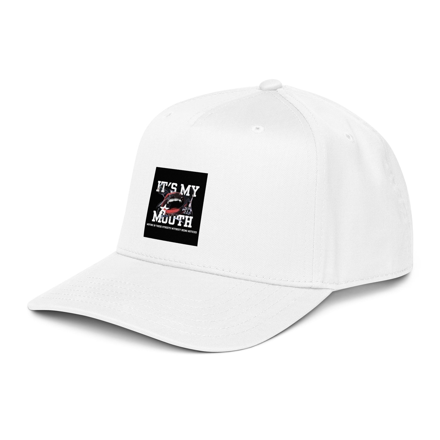 It’s My Mouth 5-Panel Cap, white with front logo patch