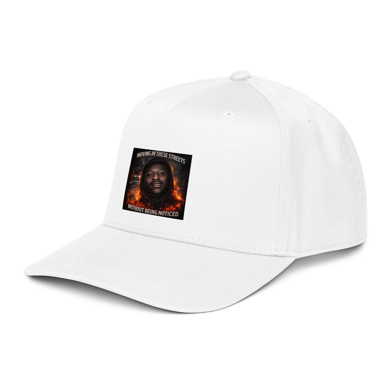 White 5-panel cap with front graphic patch and curved brim