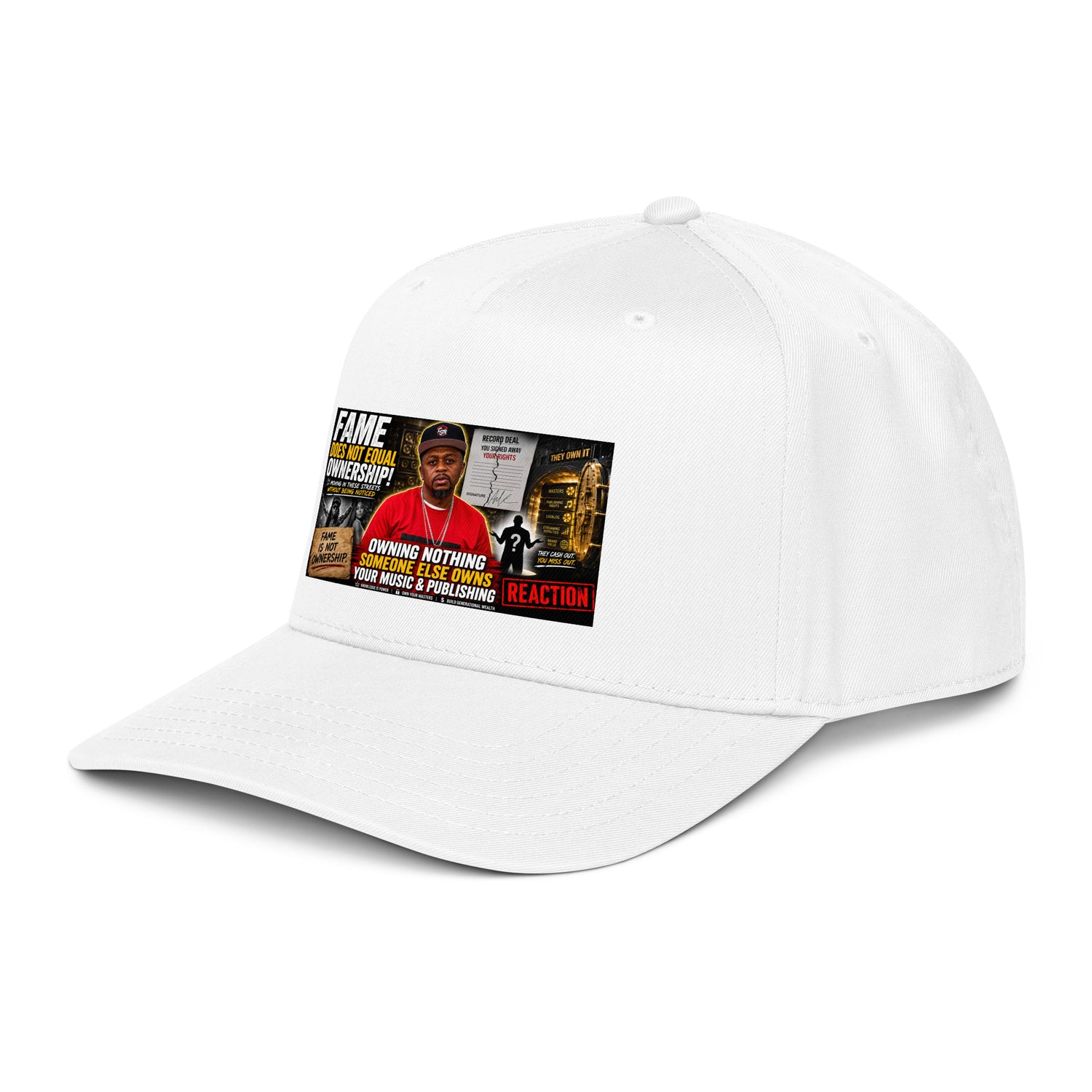 White 5-panel baseball cap with front graphic patch, curved brim