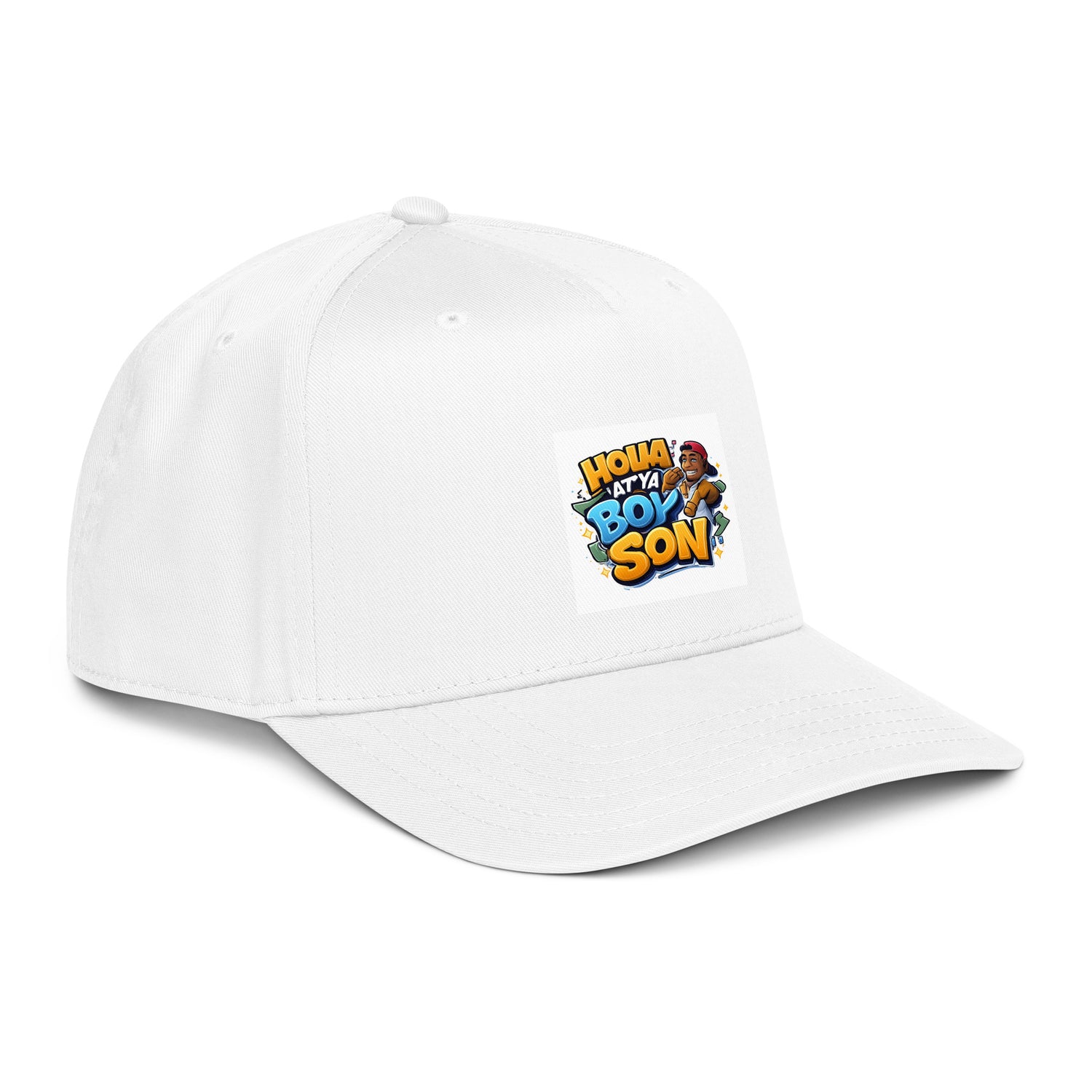 White 5-panel cap, side view with &