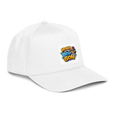 White five-panel cap with front logo patch and curved brim, side view