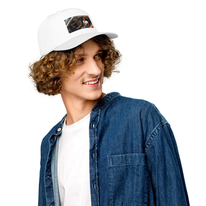 White 5 panel cap, curved brim and crown graphic patch