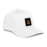 White 5-panel cap with curved brim and square logo patch on side