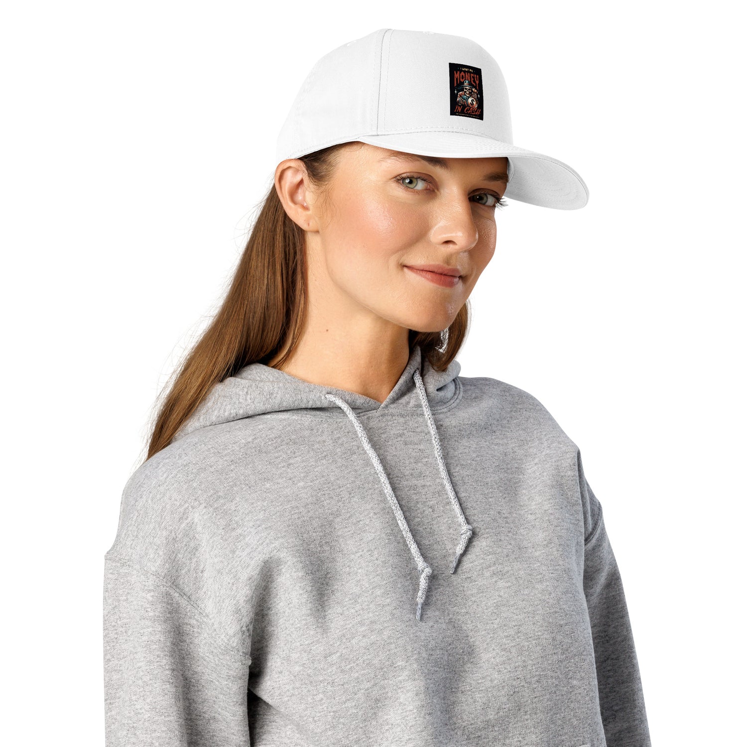 I Want My Money In Cash 5 panel cap, white side front with logo patch