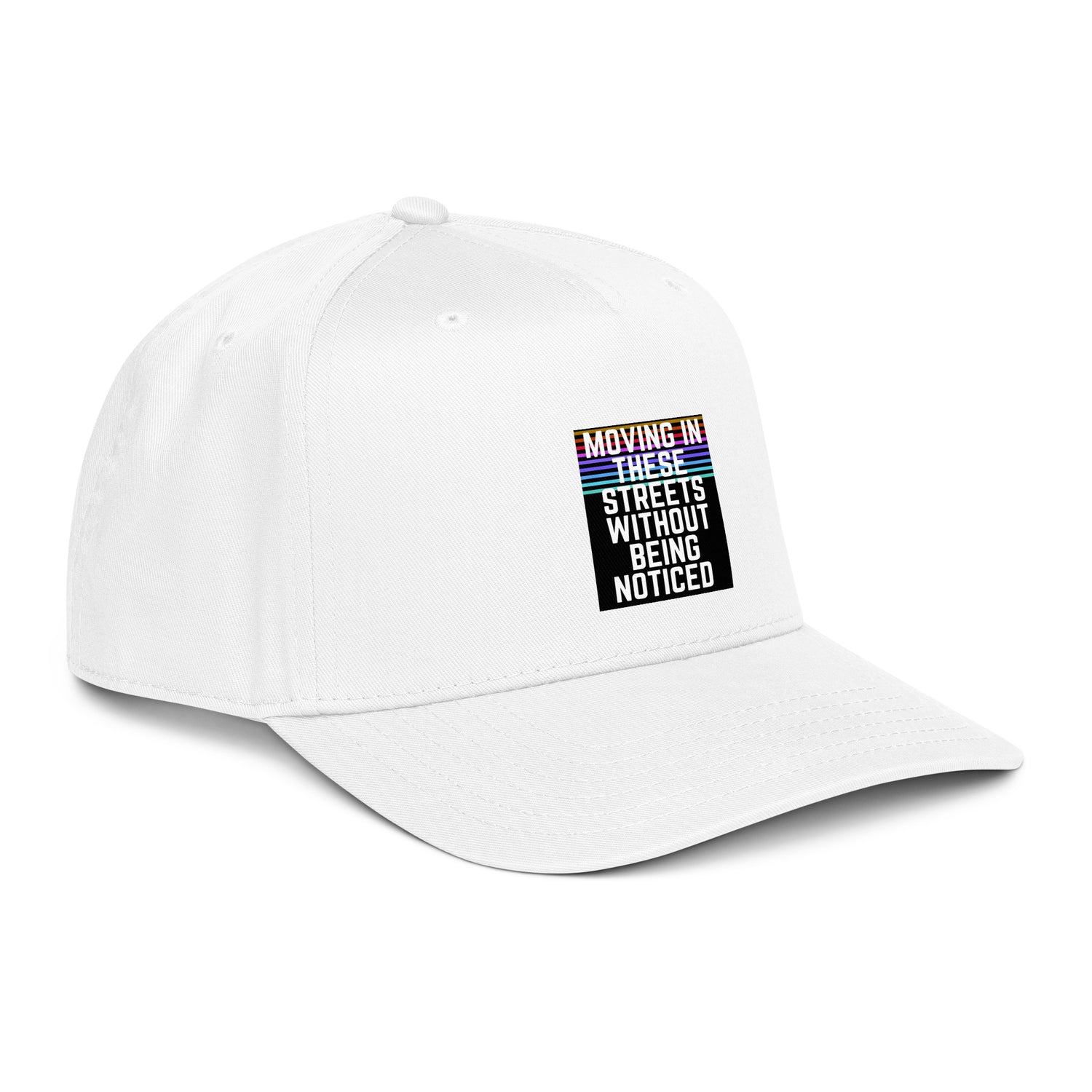 White 5-panel cap with side logo patch and curved brim