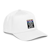 White 5-panel baseball cap with side front text graphic patch and curved brim