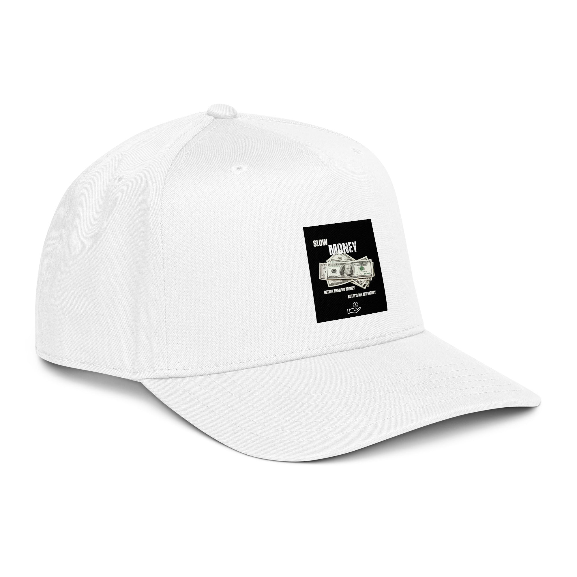 White 5-panel cap with side money graphic patch and curved brim