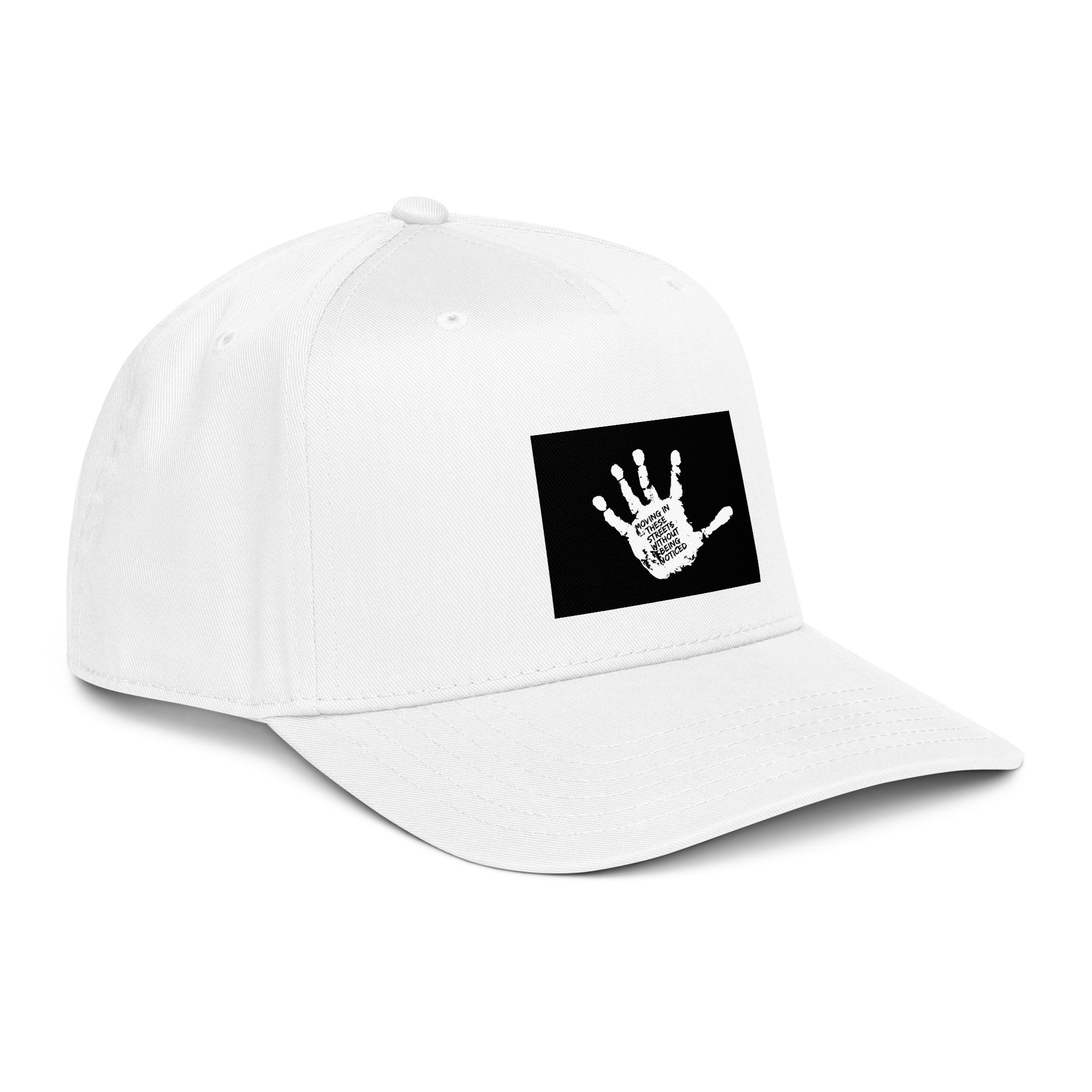 White 5-panel cap with front black logo patch and curved brim