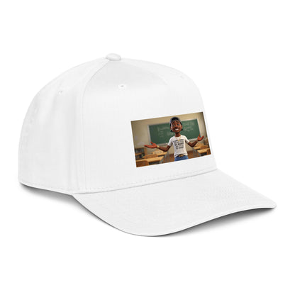 Weiße 5-Panel-Cap, schräger Blick auf Front mit Motivstreifen