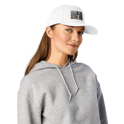White 5-panel cap with side photo patch and curved brim