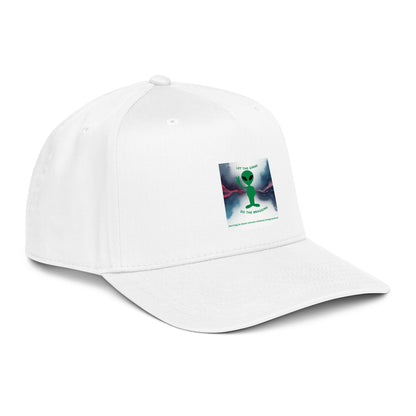 5-panel cap, white with front square logo patch and curved brim