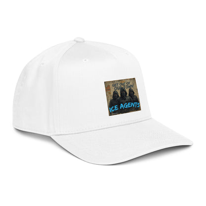 White 5-panel cap with curved brim and front “ICE AGENTS” patch graphic