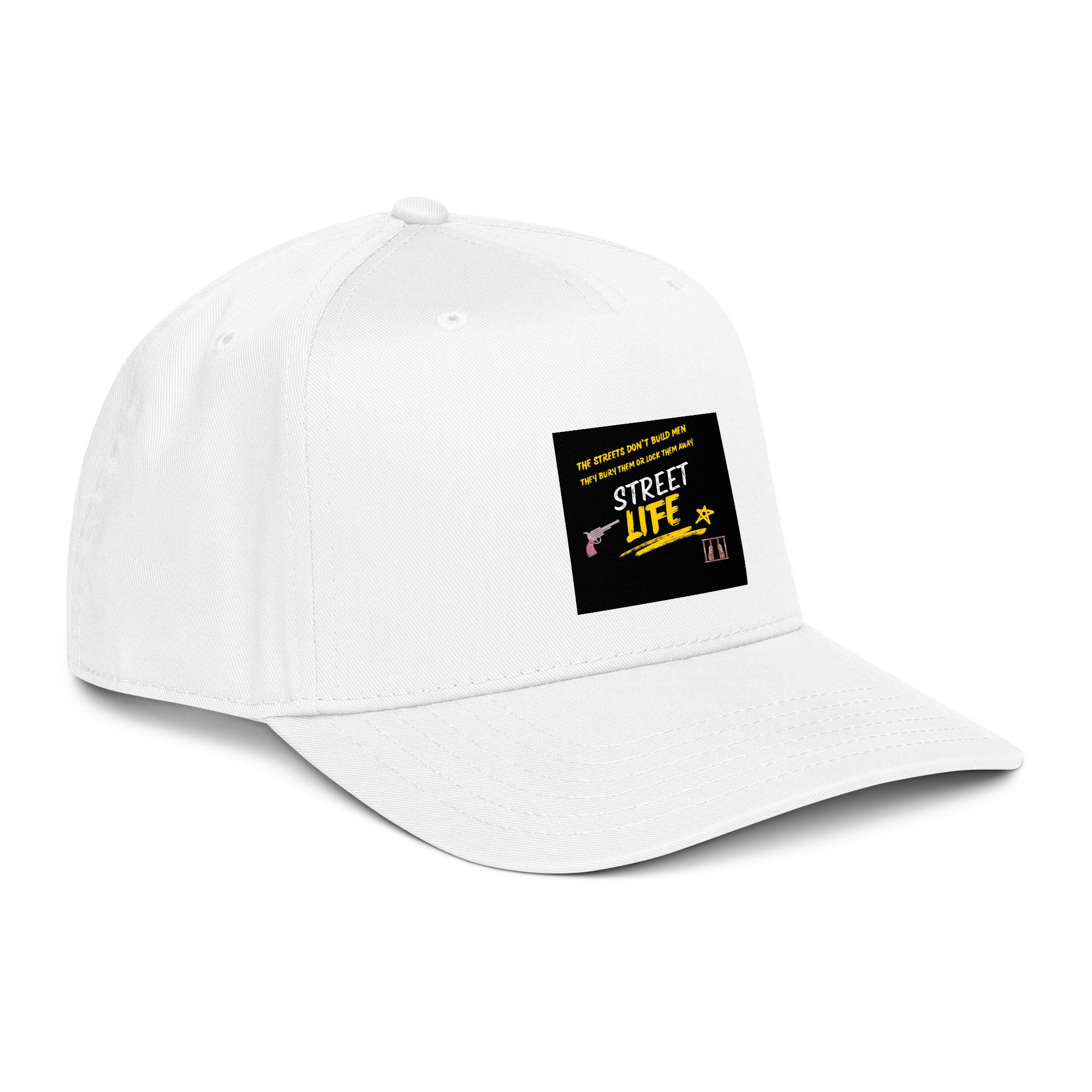 Street Life 5 Panel Cap, White, side view with logo patch