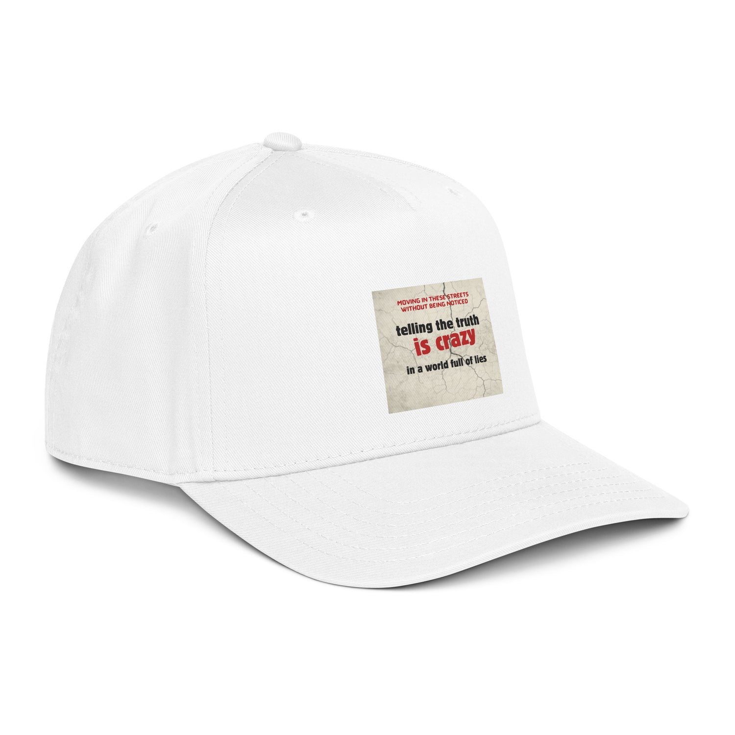 White 5-panel cap with side view slogan patch and curved brim