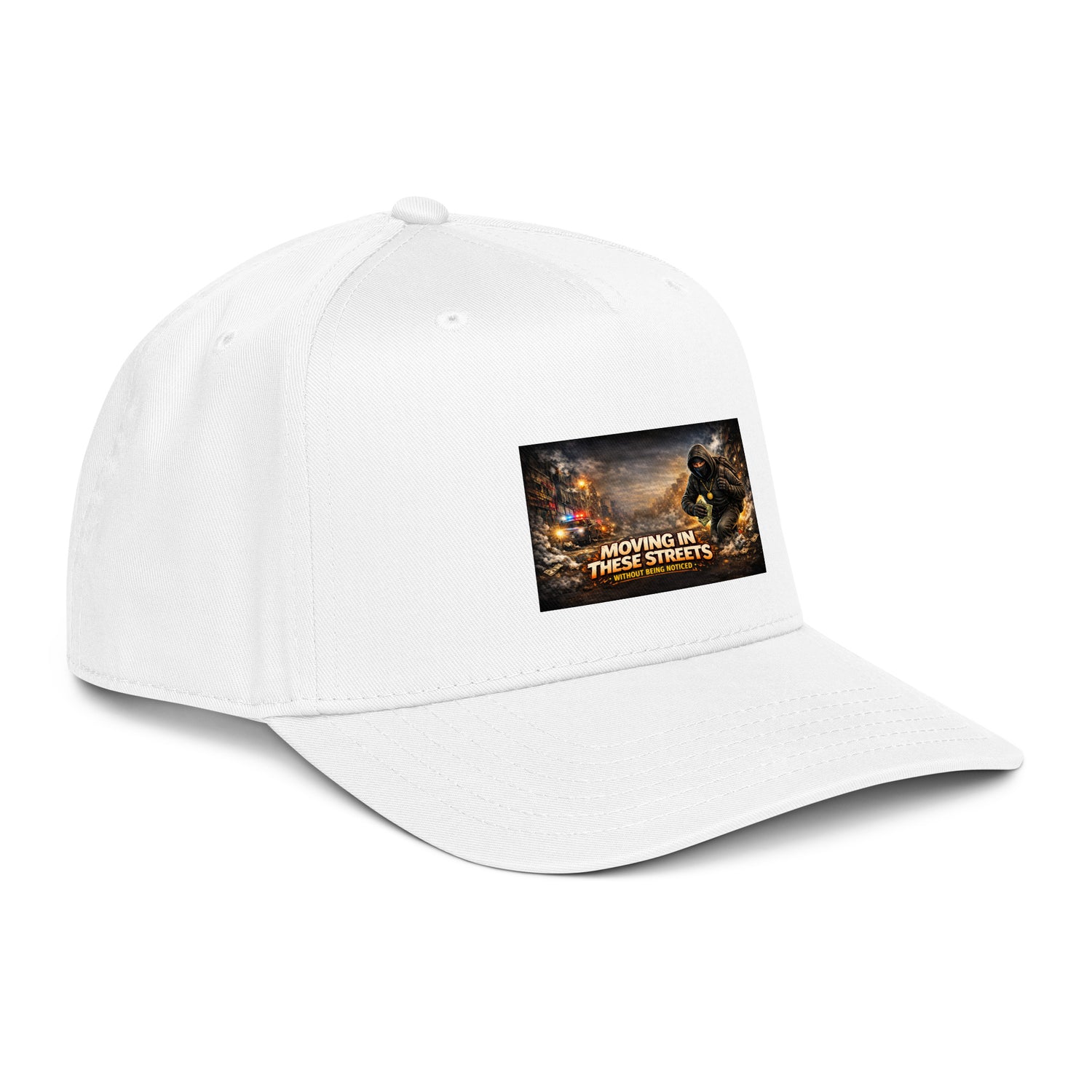 White 5-panel cap with side logo patch and curved brim