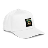 White 5-panel baseball cap with square logo patch on front panel