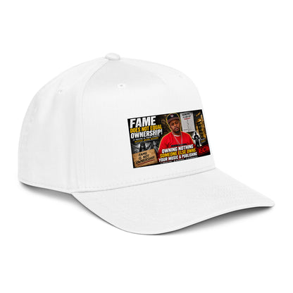 White 5-panel baseball cap with centered front graphic patch, curved brim