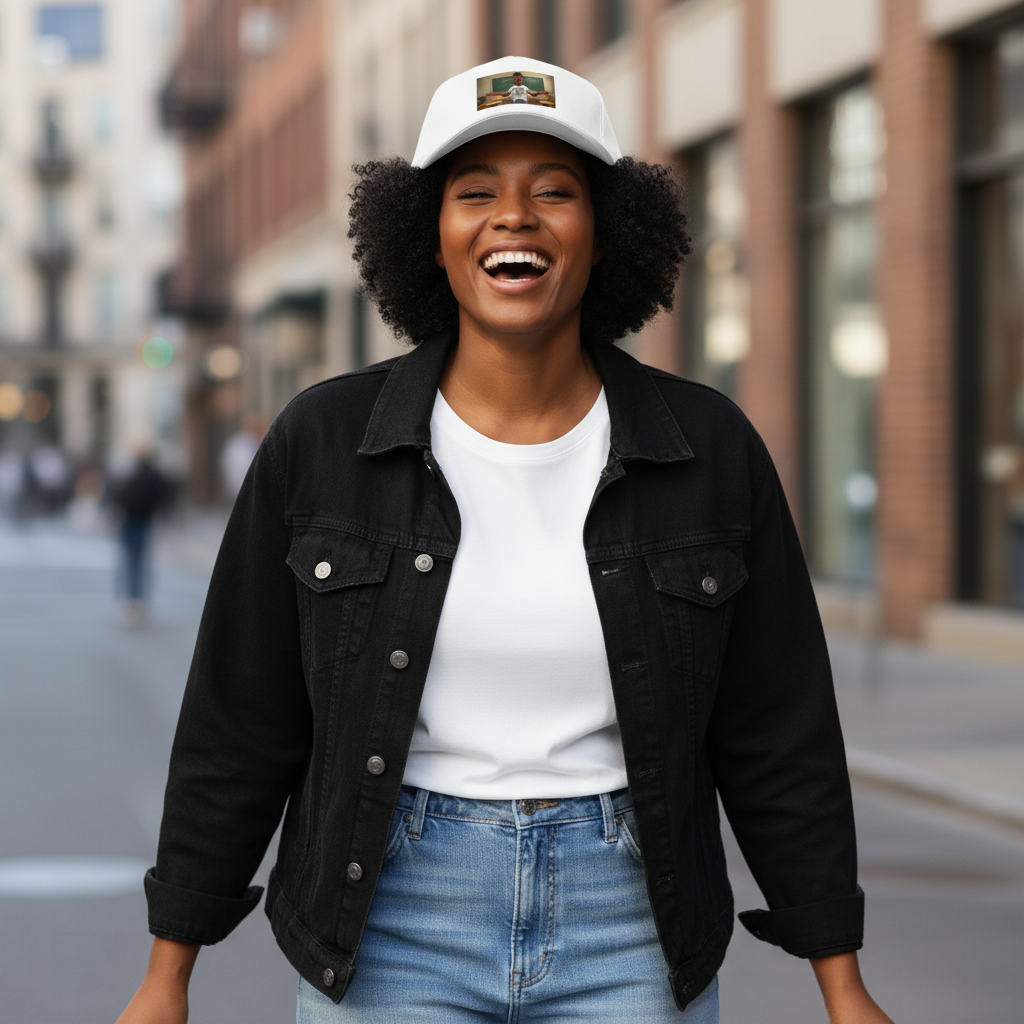 Black 5-Panel cap on model, front graphic and curved brim
