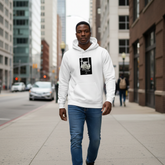 White unisex hoodie with front pocket, hood, and chest graphic print on model