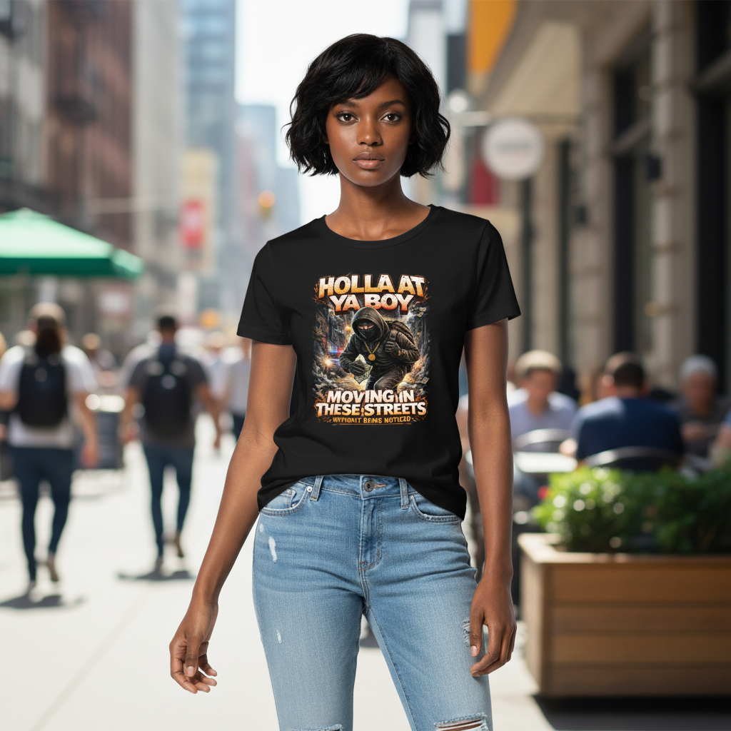 Black T-shirt with “Holla At Ya Boy” street graphic and “Moving In These Streets” text