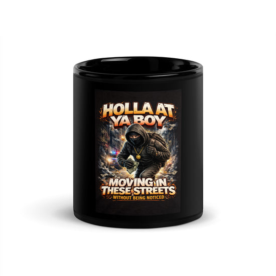 Black ceramic mug with full front graphic featuring hooded figure and text