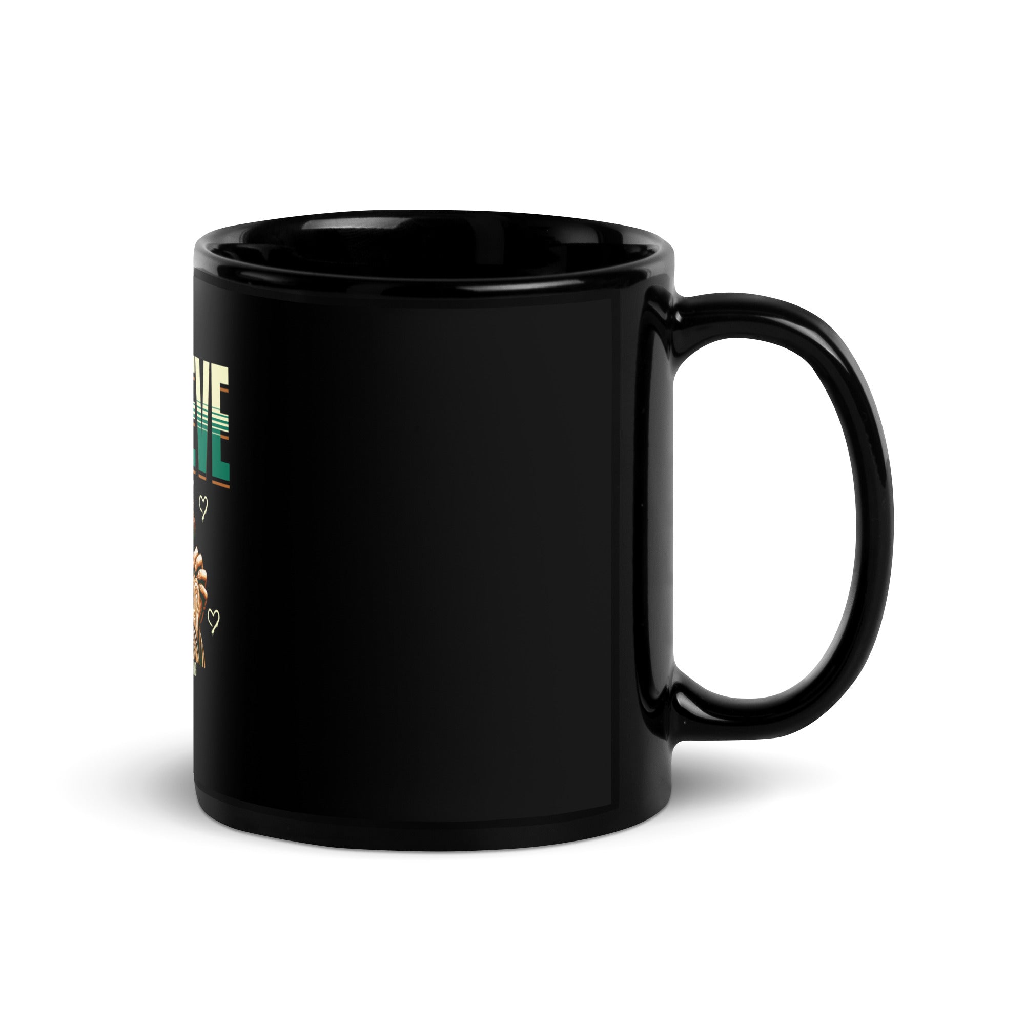 Black glossy mug with partial side print and handle