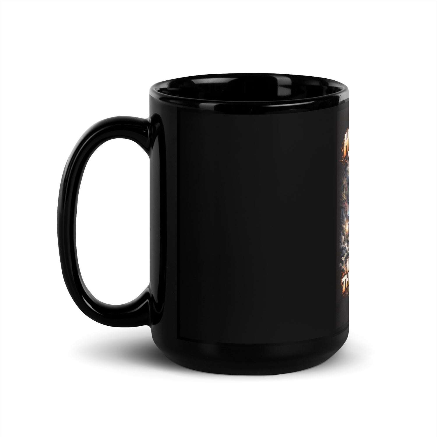 Black mug with handle, mostly blank side with small edge of artwork