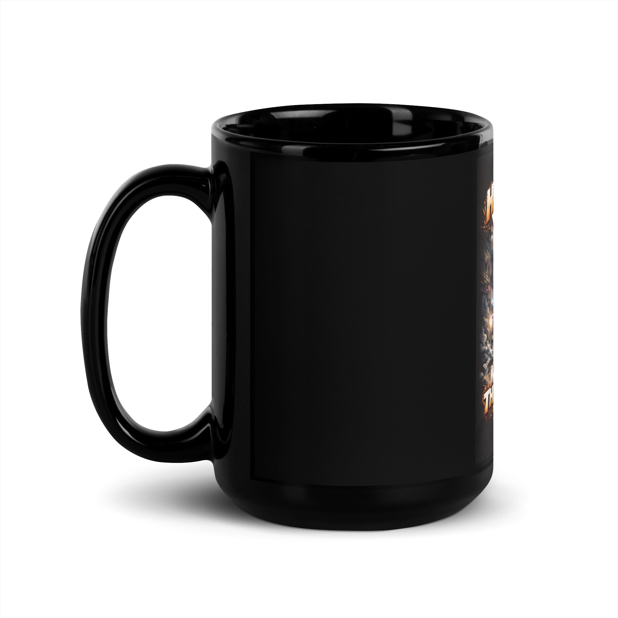 Black mug with handle, mostly blank side with small edge of artwork