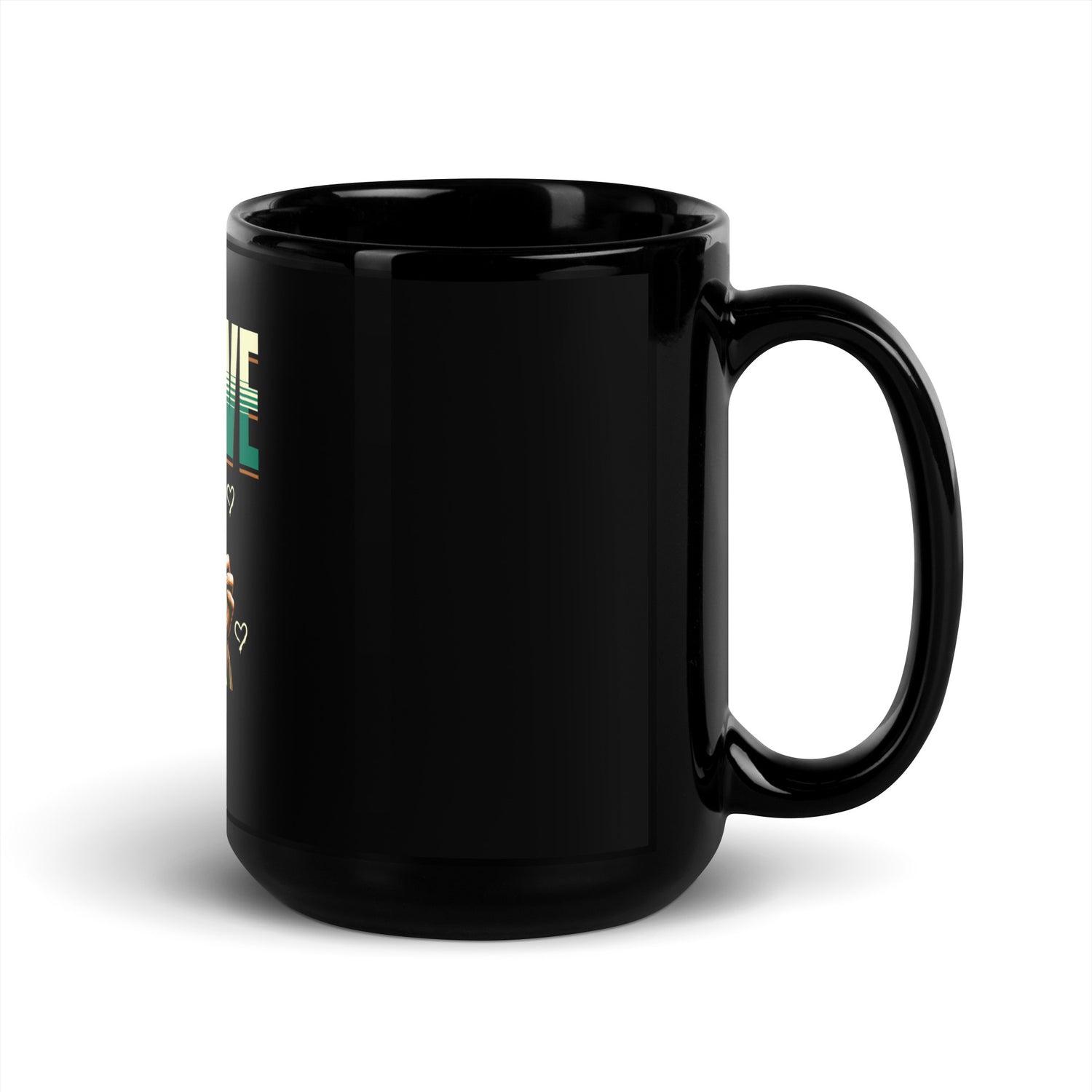 Black glossy mug with handle, minimal visible print