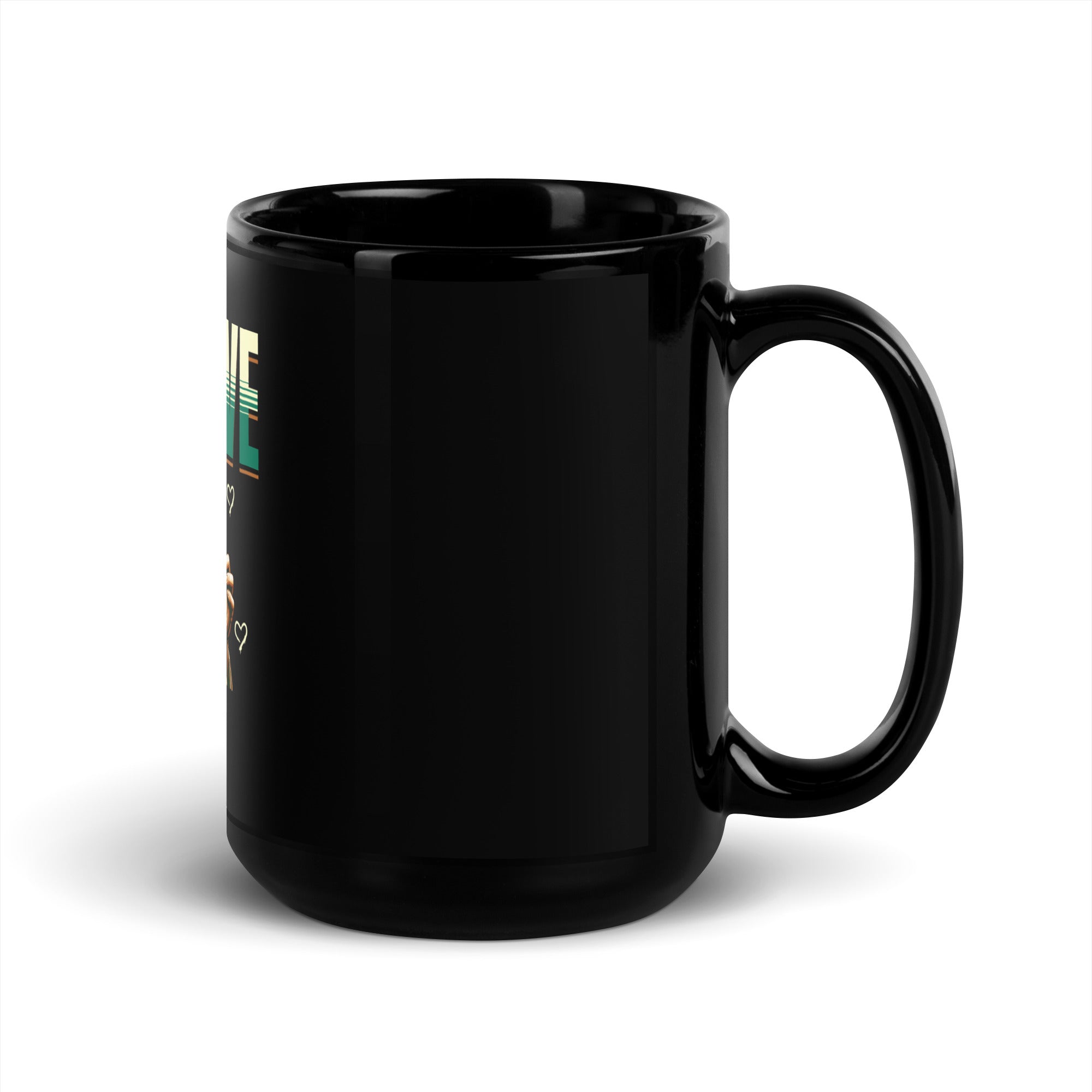 Black glossy mug with handle, minimal visible print