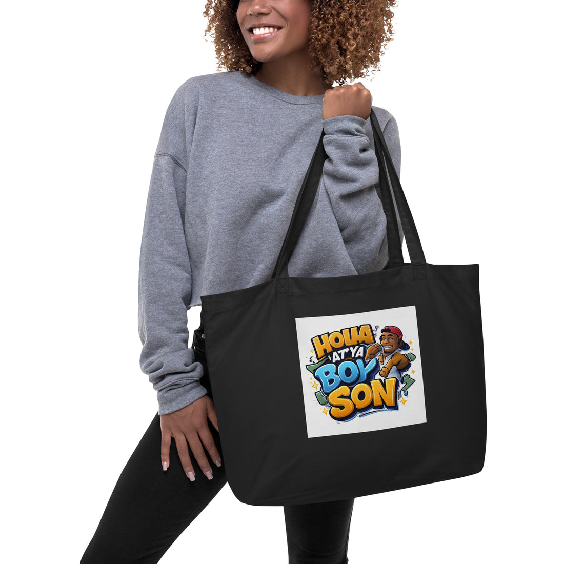 Large organic tote bag, black with Holla At Ya Boy Son front graphic