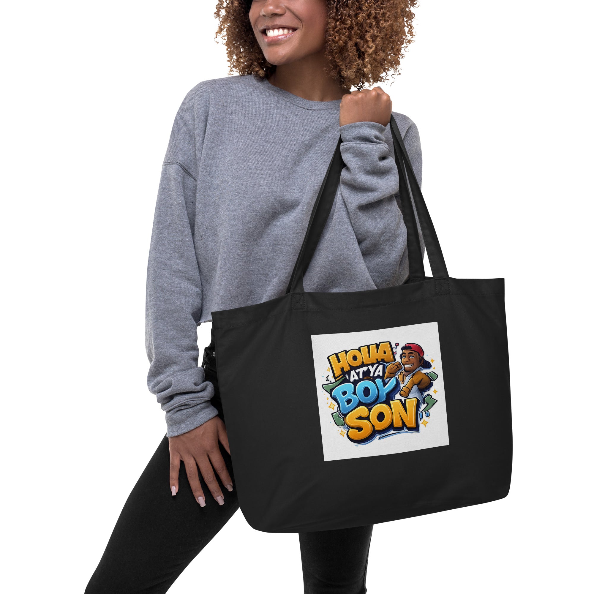 Large organic tote bag, black with Holla At Ya Boy Son front graphic