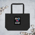 Black organic cotton tote bag with top handles and front graphic patch