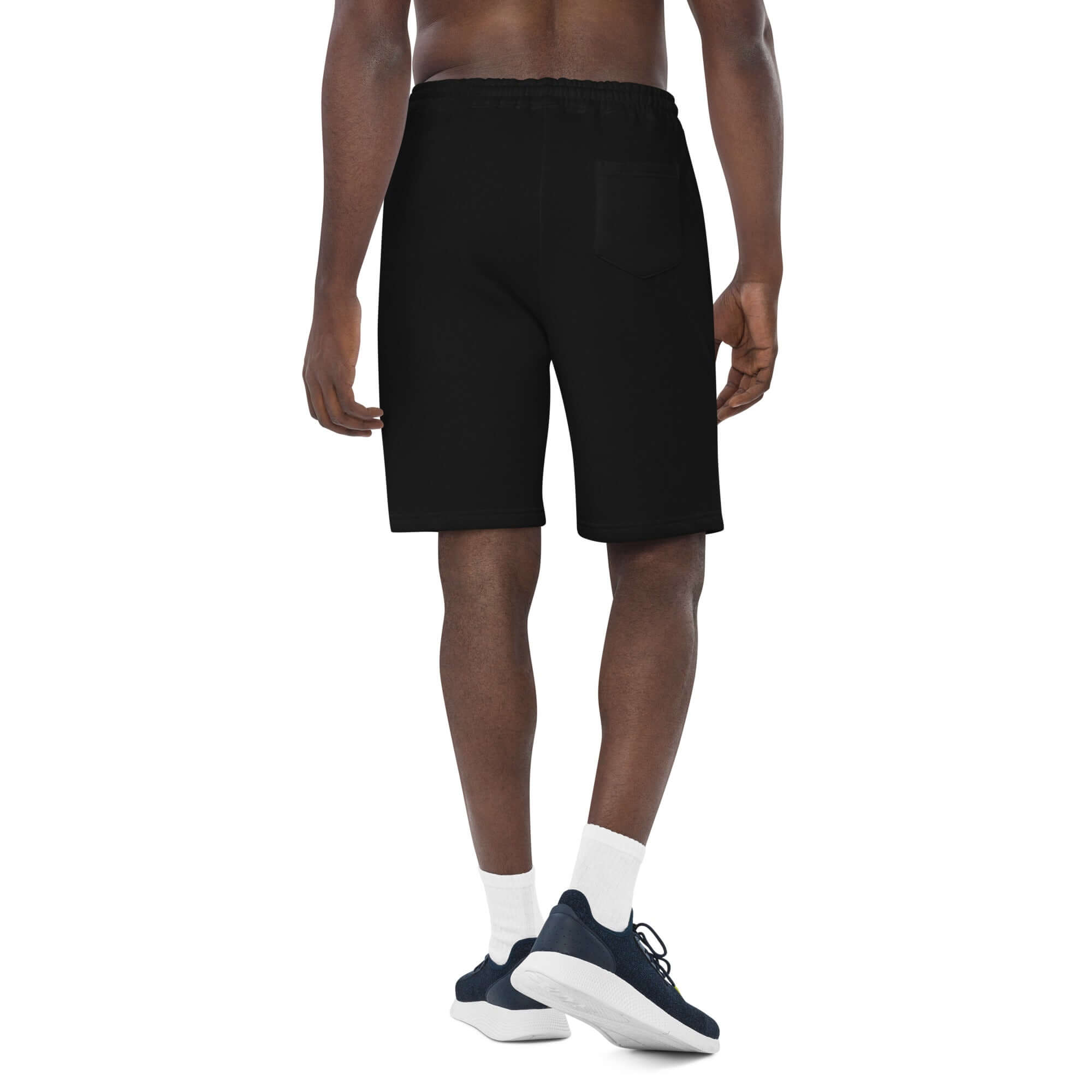 Men’s black fleece shorts, back view showing full leg and waistband drawstring