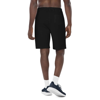 Men’s black fleece shorts, back view showing full leg and waistband drawstring