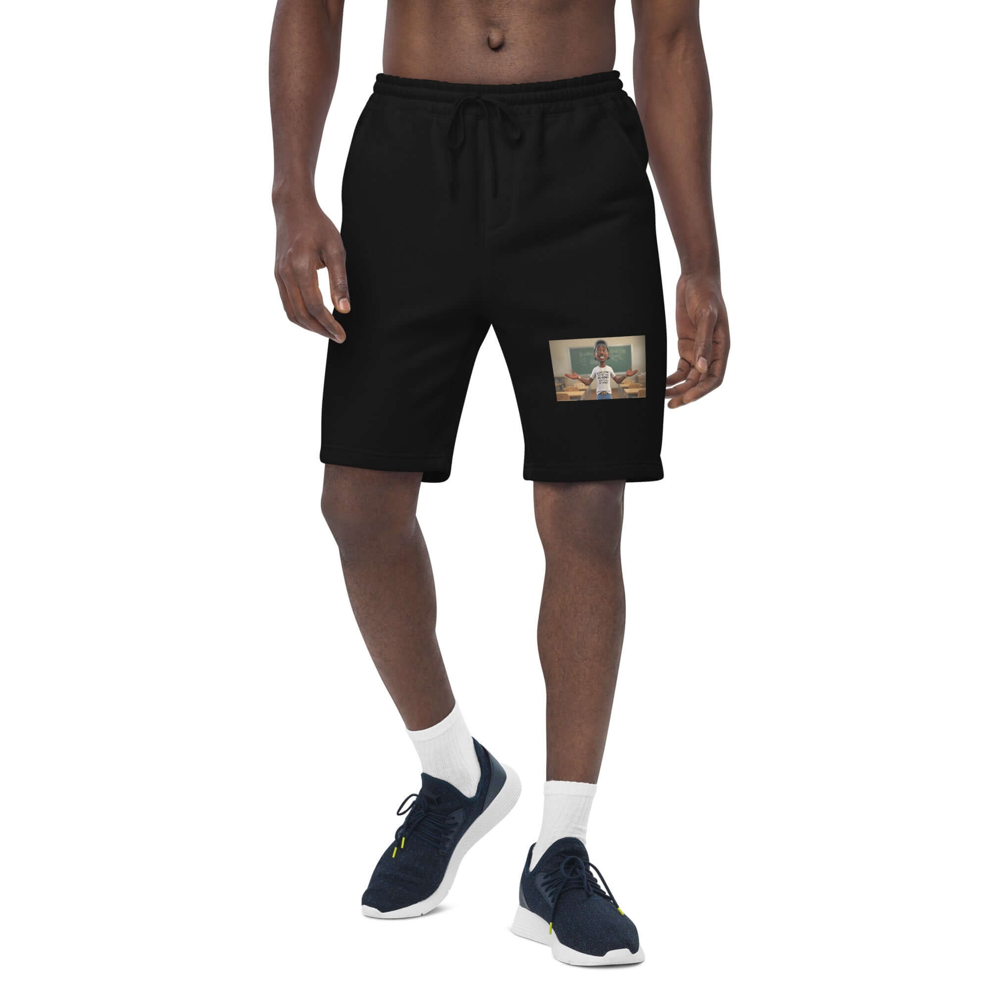 Men’s black fleece shorts with drawstring waist and side pockets, small chest patch detail