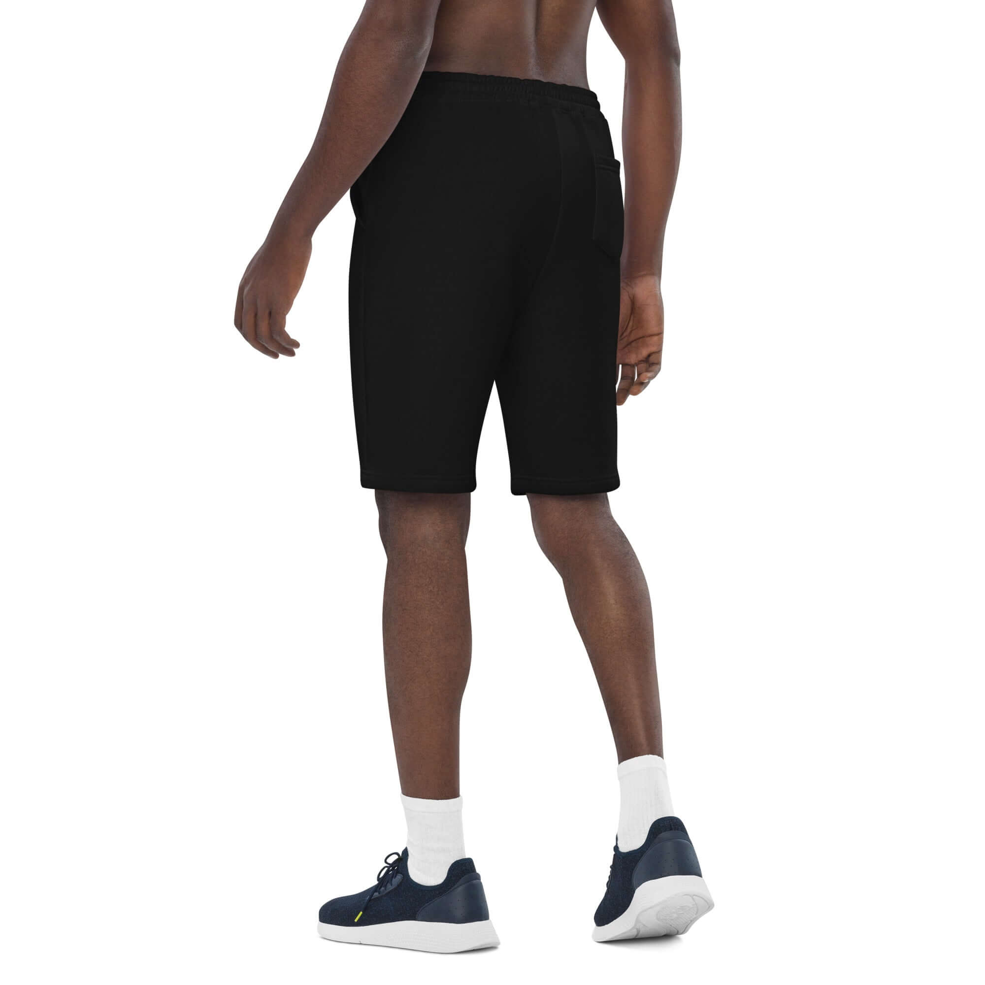 Men’s black fleece shorts, side view with drawstring waistband and straight hem